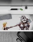 36x16 inches anime desk pad in soft whites and misty grays, airy calm mood with crisp silver details.