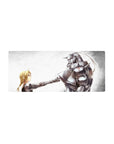 28x12 inches anime mouse pad with alchemist girl fist-bumping steel armor, silver spikes and red emblem.