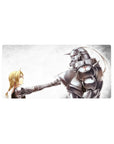 32x16 inches anime mouse pad with blond alchemist and spiked steel armor fist bump, crisp edge-to-edge print.