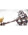 Fullmetal Alchemist anime desk pad 40x20 inches, girl and steel armor fist bump in airy grayscale.