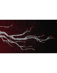 Desk pad featuring elegant branch design, 40x20 inches, with silver-gray branches and red blossoms on a deep, textured backdrop for minimalist beauty.