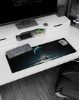 Giant planet over a glowing red citadel mouse pad 32x12 inches, framed by floating wreck silhouettes.