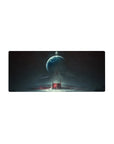 Space scene desk mouse pad 28x12 inches with teal haze, starry sky, wreck silhouettes, and red citadel.