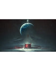 Space-themed desk pad 40x20 inches with giant planet, floating wreck silhouettes, and glowing red citadel.