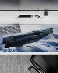 Moody sci-fi desk pad 36x16 inches in steel grays and icy blues with calm, cloudy haze.