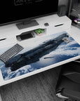 Sleek starship drifting above a cloudy blue ice world desk pad, 40x20 inches.