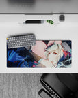 28x12 inches desk mouse pad in deep space blues with sparkles, red accents, and a cozy late-night vibe.