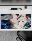 32x16 inches mouse pad in deep space blues with sparkles, red accents, and cozy late-night vibes.