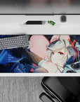 Dreamy late-night vibe desk pad 36x16 inches in deep space blues, mint accents, sparkles, and red lines.