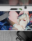Dreamy late-night anime desk pad 40x20 inches in deep space blues with sparkles and red line accents.