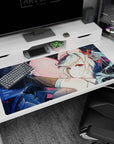 Hatsune Miku Vocaloid desk pad 40x20 inches hugging a big pink heart, twin-tails flowing in space.