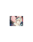 Classic anime girl mouse pad 14x10 inches with mint twin-tails, pink heart hug, and tech space frame.