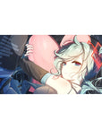 Anime girl desk pad 40x20 inches with mint twin-tails, pink heart hug, and sleek tech space frame.