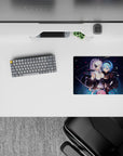Romantic, dramatic 14x10 inches anime mouse pad in crisp blacks, icy blues, and soft whites on navy.