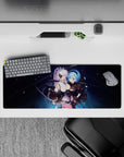 32x12 inches extended anime girl mouse pad in deep navy with crisp blacks, icy blues, soft whites, romantic vibe.