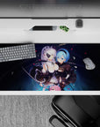 36x16 inches anime desk pad in deep navy space with crisp blacks, icy blues, and soft whites, romantic mood.