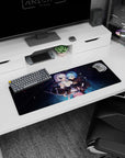 32x12 inches NieR:Automata mouse pad featuring 2B and A2 leaning close, swords visible, petals drifting.