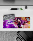 28x12 inches mouse pad in purple-to-gold galaxy tones with sparkly stars and energetic motion streaks.