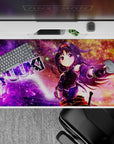 Purple-to-gold galaxy desk pad 40x20 inches, glittery stars, dreamy streaks, energetic anime vibe.