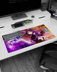 32x16 inches Yuuki Konno Sword Art Online mouse pad, smiling hero with violet hair on a nebula backdrop.