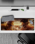 Fiery 32x12 mouse pad featuring Attack Titan and Armored Titan battling in an intense and powerful fight for AoT fans