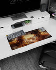 Fiery 28x12 mouse pad featuring Eren's Attack Titan and Reiner's Armored Titan in a powerful, action-packed scene for fans of AoT
