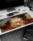 Fiery 40x20 anime desk mat with Eren's Attack Titan and Reiner's Armored Titan in a raw, powerful battle, capturing the ultimate rivalry