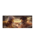 Intense battle 28x12 mouse pad with Attack Titan and Armored Titan locked in a fiery clash, perfect for an action-packed workspace vibe