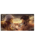 Intense battle 32x16 mouse pad with Eren Yeager's Attack Titan and Reiner Braun's Armored Titan locked in a fiery, epic rivalry