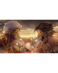 Intense battle 40x20 desk pad featuring Eren Yeager's Attack Titan and Reiner Braun's Armored Titan clashing in a fiery battlefield for an epic scene