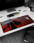 Intense battle 36x16 anime desk mat with Ichigo's final form, showcasing black tendrils, red energy, and a gaze of pure destruction for your workspace