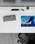 Dreamy cool-blue anime girl mouse pad 14x10 inches with soft gradients, airy clouds, calm vibe.