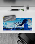 Dreamy cool blue anime girl mouse pad 28x12 inches with soft clouds and calm romantic vibe.
