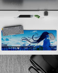 Dreamy cool-blue anime girl mouse pad 32x12 inches with soft gradients, airy clouds, and calm vibes.