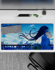 Dreamy cool blue anime girl mouse pad 32x16 inches, soft gradients, calm romantic evening mood.