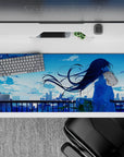Dreamy cool-blue anime girl desk pad 36x16 inches, soft gradients, quiet romantic sunset mood.