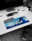 Long-haired anime girl watching the city skyline at dusk on a 28x12 inches mouse pad.
