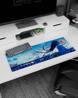 Long-haired anime girl watching the skyline at sunset on a 32x12 inches mouse pad, romantic and quiet.
