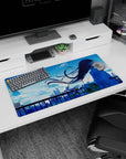 Long-haired anime girl watching the skyline at sunset on a mouse pad 32x16 inches, breezy clouds.