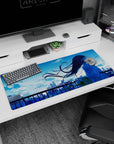 Long-haired anime girl watching the skyline at sunset on a 36x16 inches desk pad, petals in the air.