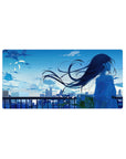Anime girl mouse pad 32x16 inches with city sunset skyline, railing silhouettes, and drifting petals.