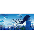 Anime girl desk pad 36x16 inches with city sunset skyline, railing silhouette, clouds and drifting petals.
