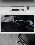 32x16 inches anime mouse pad in deep charcoal with silver flashes, neon-blue accents, fierce red eyes.