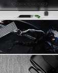 Dark charcoal and silver anime desk pad 40x20 inches with neon blue streaks and fierce red eyes.