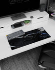 28x12 inches anime mouse pad showing a low, fast swordsman slicing through a stormy void with splatter arcs.