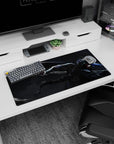 32x16 inches anime mouse pad showing a low, fast swordsman cutting through a stormy void with splatter arcs.