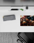 Fiery orange explosions and smoke-black shadows on a 14x10 inches classic anime mouse pad, high-energy action mood.