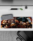 32x12 inches anime mouse pad in hot orange firelight and smoke-black shadows, packed with sparks and action.