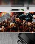 40x20 inches anime desk pad in hot orange firelight and smoke-black shadows, high-action tactical mood.