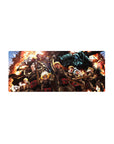 28x12 inches anime mouse pad with squad charging through explosions and a towering icy blue armored figure.